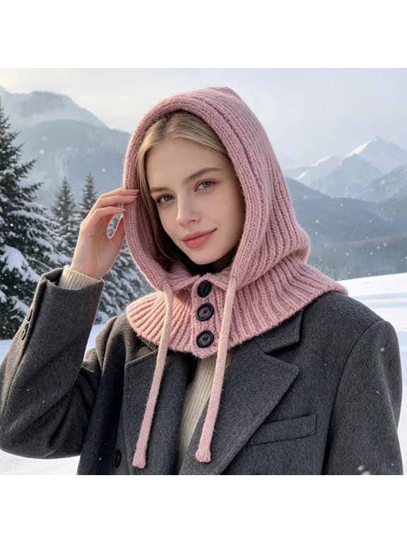 Womens Balaclava Scarf Button Winter Warm Knitted Hat with Adjustable Drawstring Windproof Full Head Neck Cover for Skiing Hiking Daily Wear