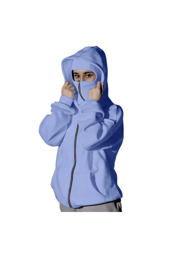 Womens Balaclava Windproof Hoodies Jacket Winter Warm Face Mask Fleece Hooded Coat Full Zip Up Solid Color Outerwear with Pocket