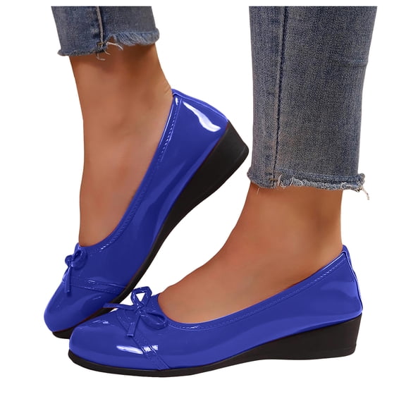 Womens Ballet Flat Shoes Bowtie Round Toe Solid Color Leather Low Wedge Dressy Wedding Shoes Casual Walking Shoes Blue Size 7