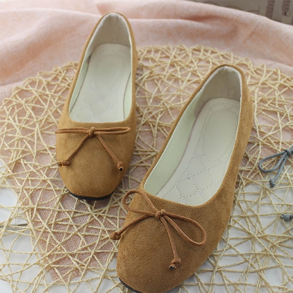 Womens Ballet Flats Shoes Summer Trendy Solid Color Poinet Toe Flats Comfortable Breathable Bow Non-Slip Slip-on Casual Versatile Dress Shoes Brown 5.5