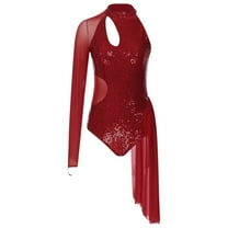 Womens Ballet Gymnastics Glitter One Shoulder Sequins Sheer Mesh Lyrical Dance Dress Dancewear Figure Skating Jumpsuit