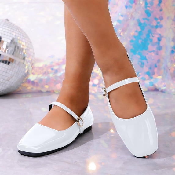 Womens Ballet Mary Jane Flats Shoes Adjustable Strap Square Closed Toe Chic Footwear with Latex Insole