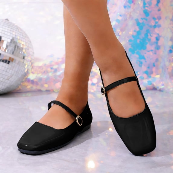 Womens Ballet Mary Jane Flats Shoes Adjustable Strap Square Closed Toe Chic Footwear with Latex Insole