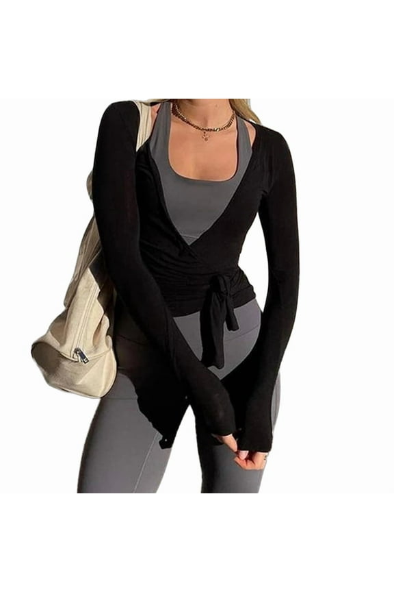 Womens Ballet Wrap Top Long Sleeve Tie Front Workout Cover Up Pilates Yoga Tops Shirt Going Out Black S