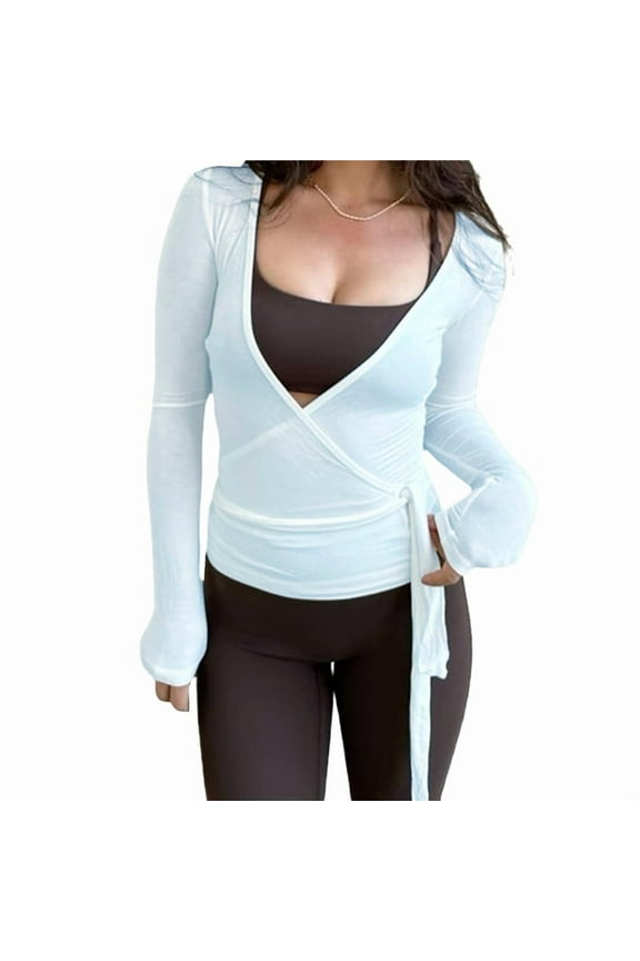 Womens Ballet Wrap Top Long Sleeve Tie Front Workout Cover Up Pilates Yoga Tops Shirt Going Out Lake Blue L
