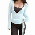 thumbnail image 1 of Womens Ballet Wrap Top Long Sleeve Tie Front Workout Cover Up Pilates Yoga Tops Shirt Going Out Lake Blue S, 1 of 8