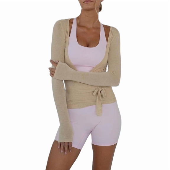 Womens Ballet Wrap Top Long Sleeve Tie Front Workout Cover Up Pilates Yoga Tops Shirt Going Out Light Brown M
