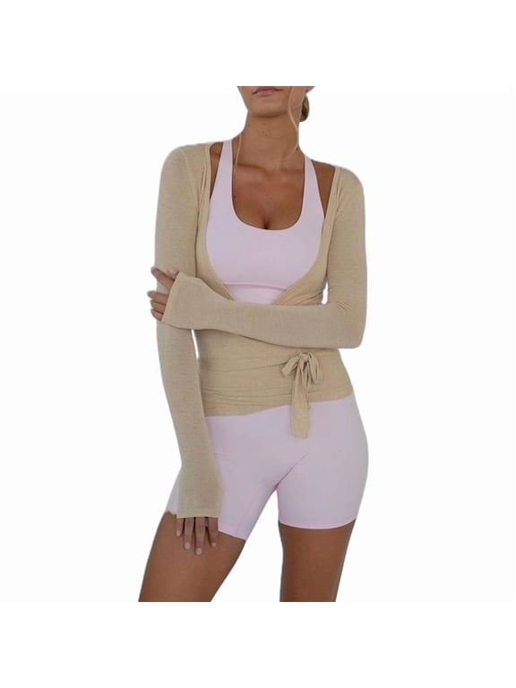 Womens Ballet Wrap Top Long Sleeve Tie Front Workout Cover Up Pilates Yoga Tops Shirt Going Out Light Brown M