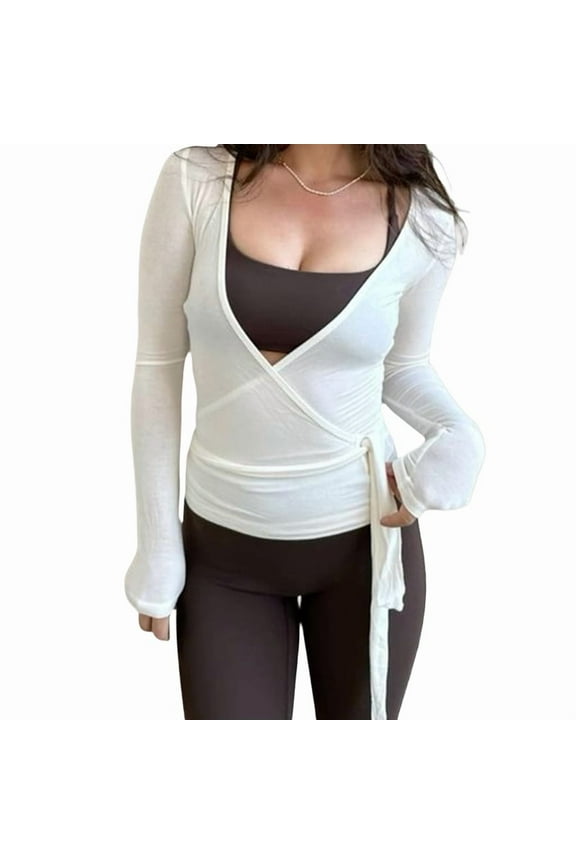 Womens Ballet Wrap Top Long Sleeve Tie Front Workout Cover Up Pilates Yoga Tops Shirt Going Out White M