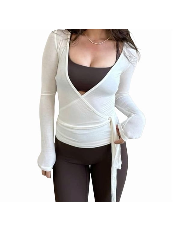 Womens Ballet Wrap Top Long Sleeve Tie Front Workout Cover Up Pilates Yoga Tops Shirt Going Out White S