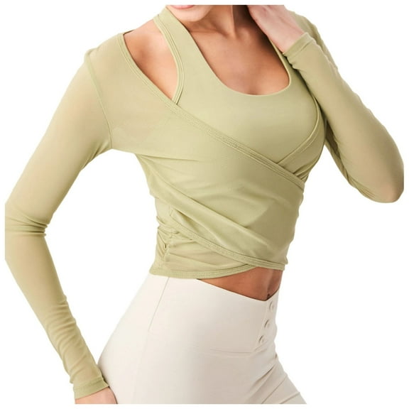 Womens Ballet Wrap Tops Pilates Wrap Tie Front Shirt Yoga Dance Workout Shirt Blouse Y2k Long Sleeve V Neck Yoga Tops