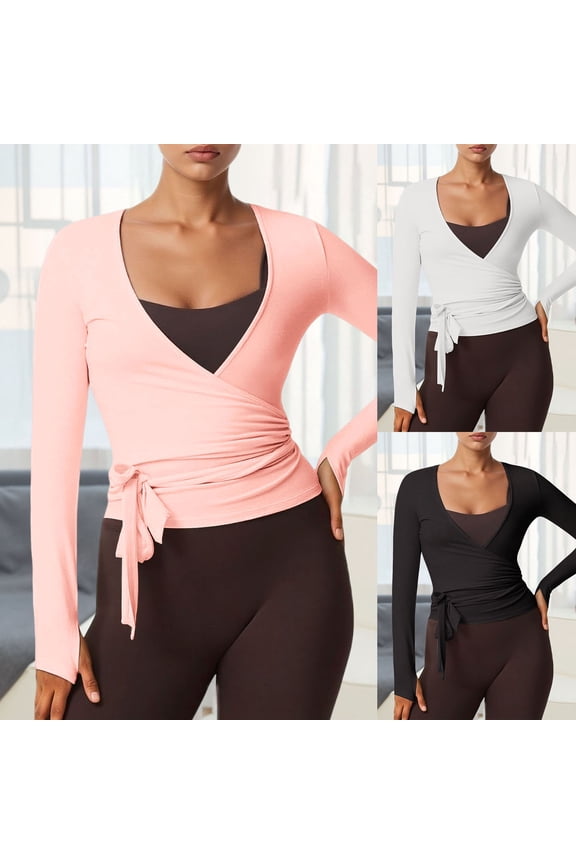 Womens Ballet Wrap Tops Thin Breathable Tee V Neck Long Sleeve Self Tie Slim Fit Workout Pilates Yoga Dance Shirt Spring Summer Black S