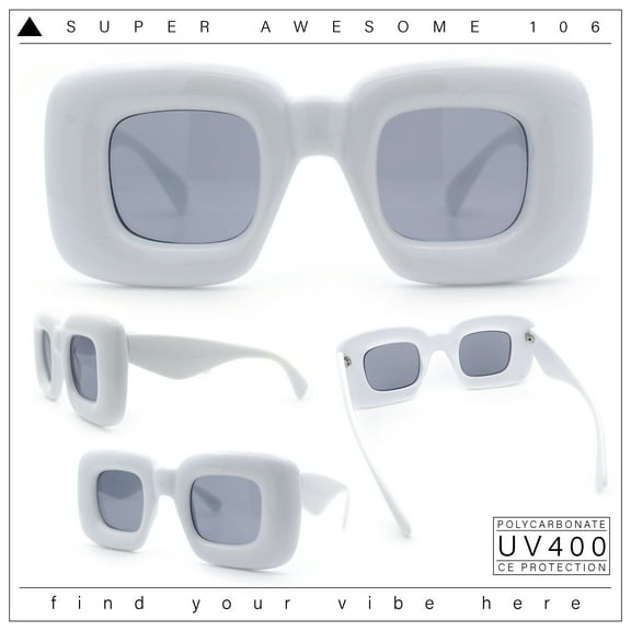 Womens Retro Ballon Bubble Super Thick Rectangle Retro Sunglasses White - Black
