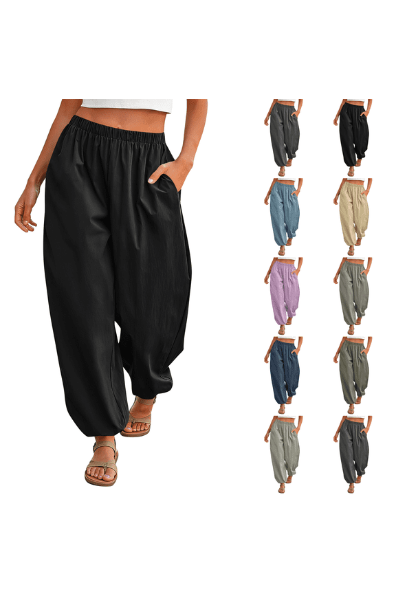 Womens Balloon Baggy Pants Trendy Casual Elastic Waist Wide Leg Harem Pants Pleated Lantern Trousers Black Black 2XL