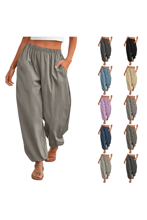Womens Balloon Baggy Pants Trendy Casual Elastic Waist Wide Leg Harem Pants Pleated Lantern Trousers Black Light Gray XL