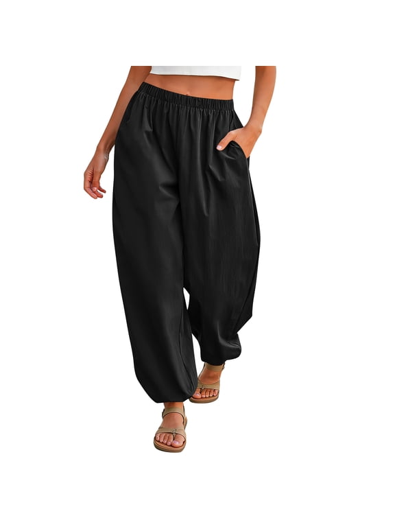 Womens Balloon Pants Trendy Casual Elastic Waist Wide Leg Harem Pants L