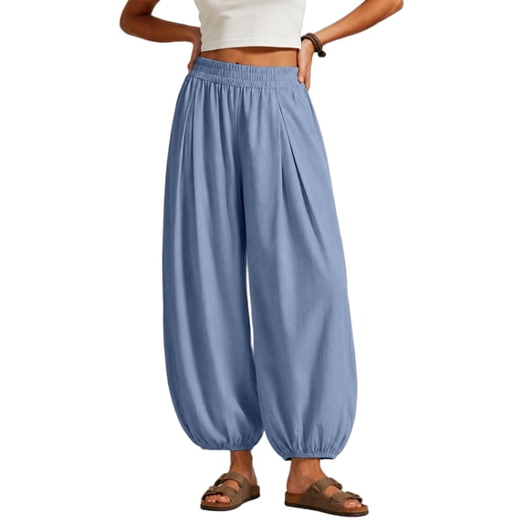 Womens Balloon Pants Wide Leg Barrel Pants Baggy Trousers Elastic Waist Casual Lounge Travel Pants with Pockets,L