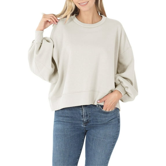Womens Balloon Sleeve Crew Neck Pullover Short Sweatshirt