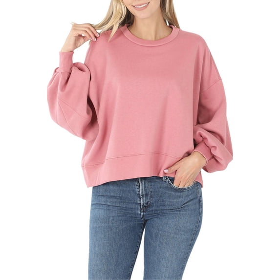 Womens Balloon Sleeve Crew Neck Pullover Short Sweatshirt