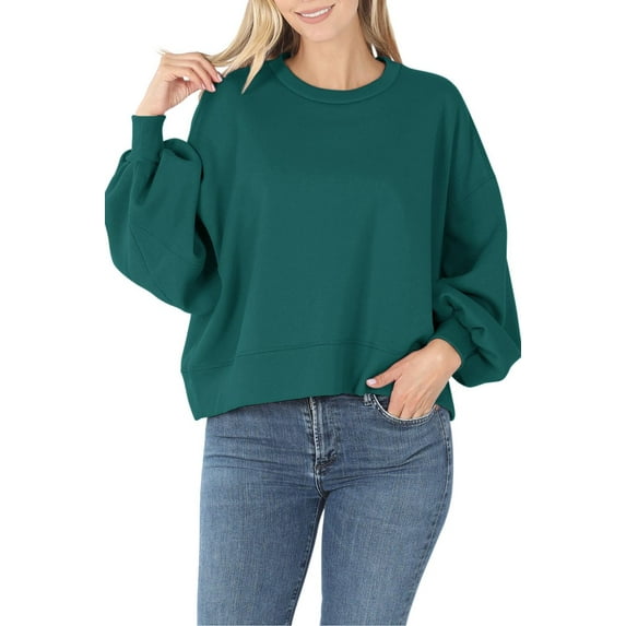 Womens Balloon Sleeve Crew Neck Pullover Short Sweatshirt