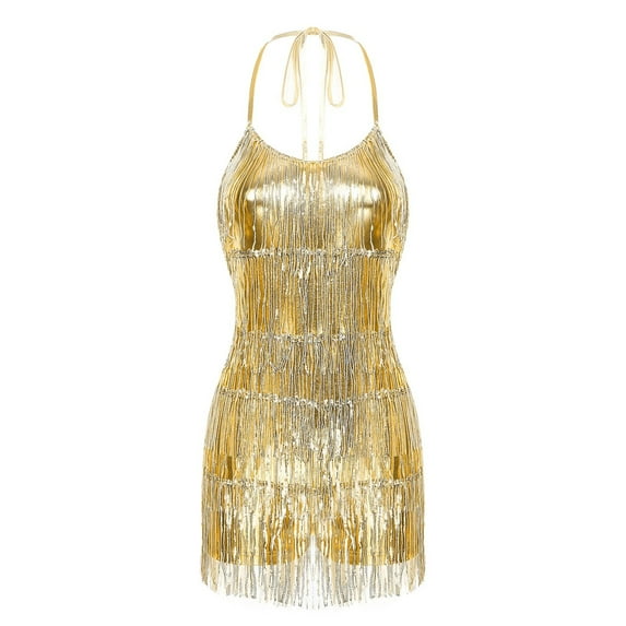 Womens Ballroom Dance Competition Costume Glittery Sequined Fringe Lace-up Leotard Bodysuit Cha-cha Samba Latin Dancewear