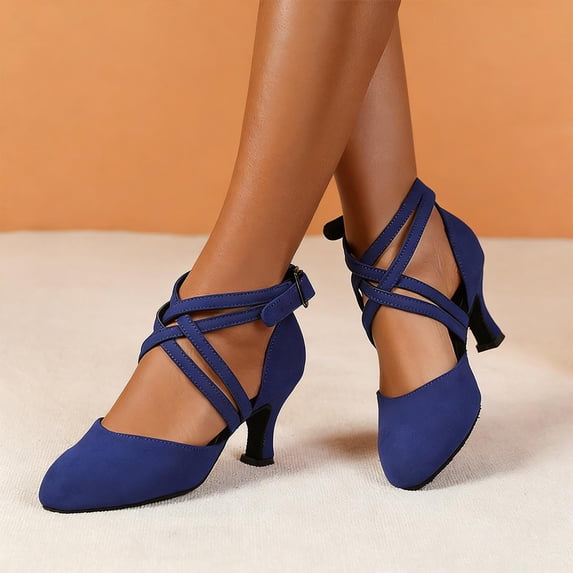 Womens Ballroom Latin Dance Shoes Closed Toe Suede Sole Tango Waltz Party Heel Sandals Cross Strap Low Comfortable Fit
