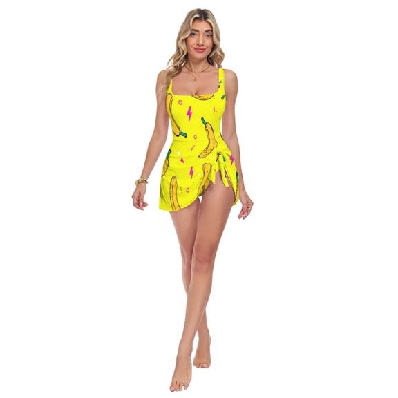 Womens Banana Yellow Background Pattern Print 2-in-1 Swim Dress Detachable Skirt One-Piece Swimsuit Square Neck S-XXL