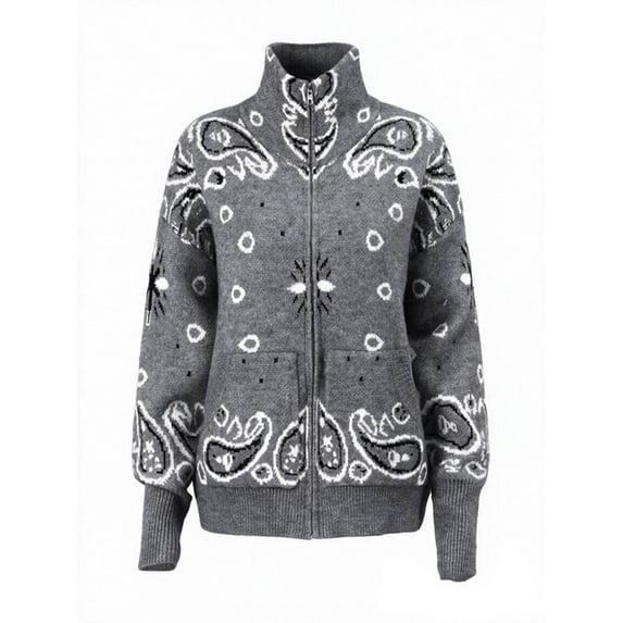 Womens Bandana Knit Casual Cardigan with Paisley Pattern Zip Up Long Sleeve Loose Sweaters Fall Winter Daily Wear Coat Outfits
