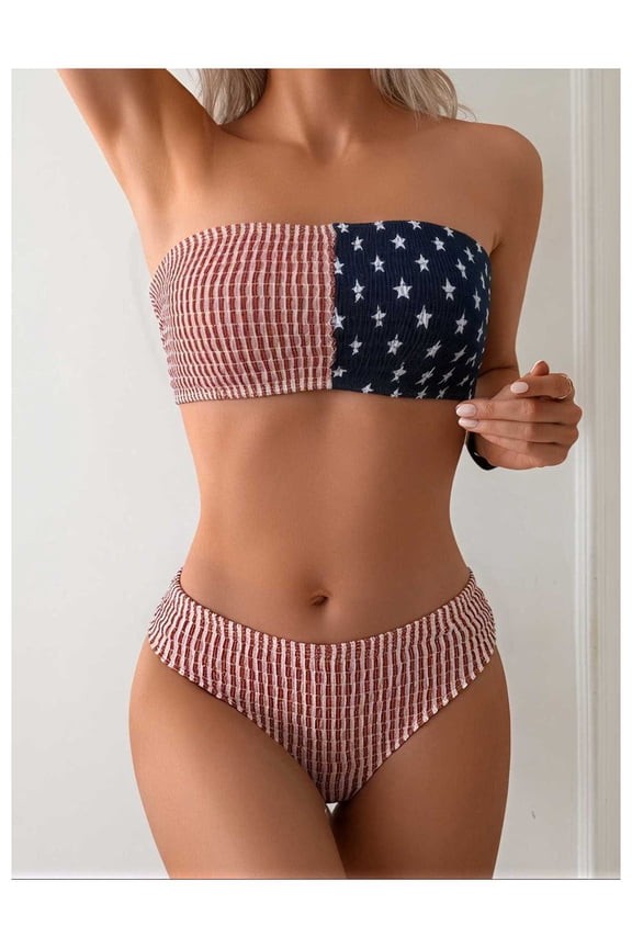 Womens Bandeau Bikini Set Patriotic Flag Print - High Waisted Textured Two Piece Swimsuit American Flag Bathing Suit for Women Summer Beach