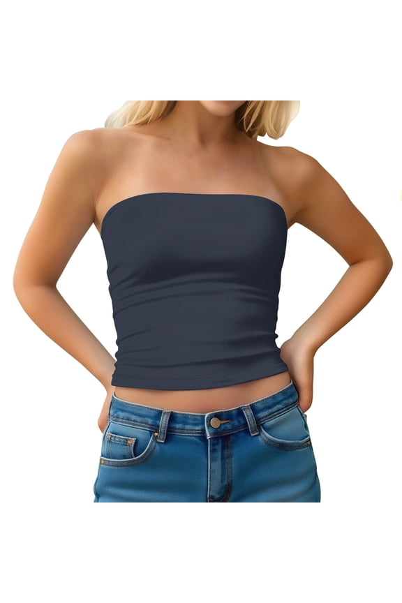 Womens Bandeau Bras Y2K Hot Girl Sexy Backless Strapless Double-Layered Tube Top Stretchy Comfy Yoga Bandeau Bras Navy Large