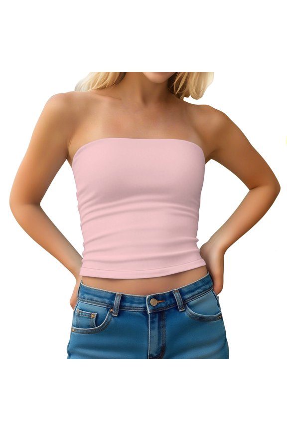 Womens Bandeau Bras Y2K Hot Girl Sexy Backless Strapless Double-Layered Tube Top Stretchy Comfy Yoga Bandeau Bras Pink Medium