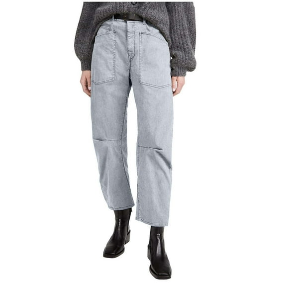 Womens Barrel Jeans Mid Waisted Wide Leg Vintage Jean Pants Loose Baggy Denim Trouser with Pockets Straight Jeans lady Light Blue M