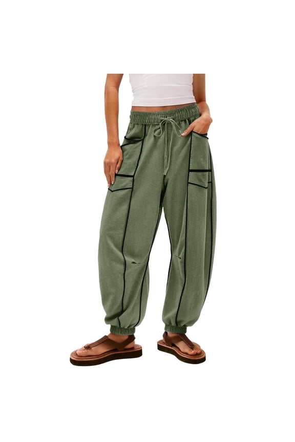 Womens Barrel Pants Baggy Wide Leg Casual Drawstring High Waisted Pant With Pockets Lounge Patchwork Sweat Pants