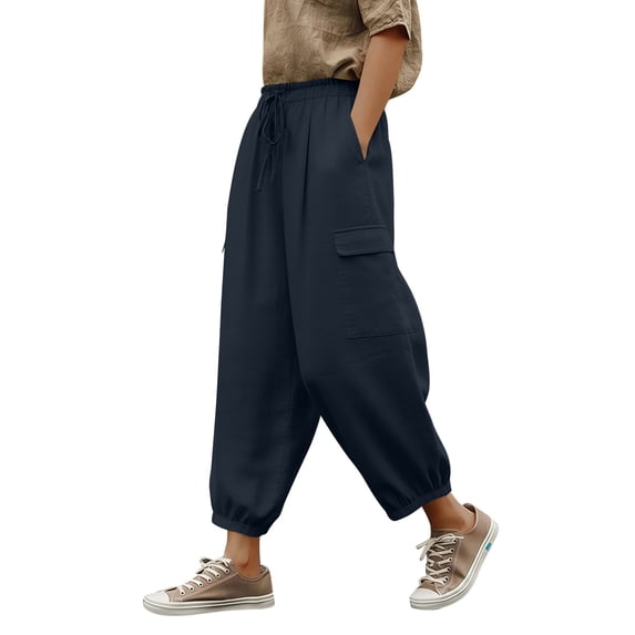 Womens Barrel Pants Baggy Wide Leg Lounge Drawstring Cargo Sweatpants with Multi Pockets Summer Loose Trouser (M, Navy)