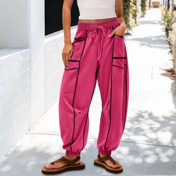 Womens Barrel Pants Baggy Wide Leg Pants Casual Palazzo Pant Drawstring Waist Lounge Pant with Pockets Hot Pink M
