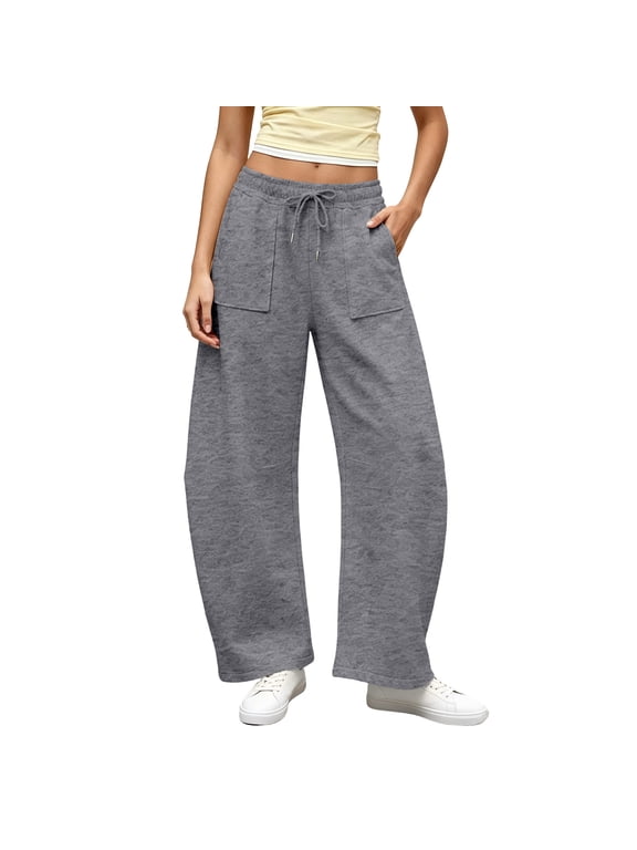 Womens Barrel Sweatpants Drawstring Elastic Waist Casual Baggy Pants Patch Pockets Dark Gray 2XL