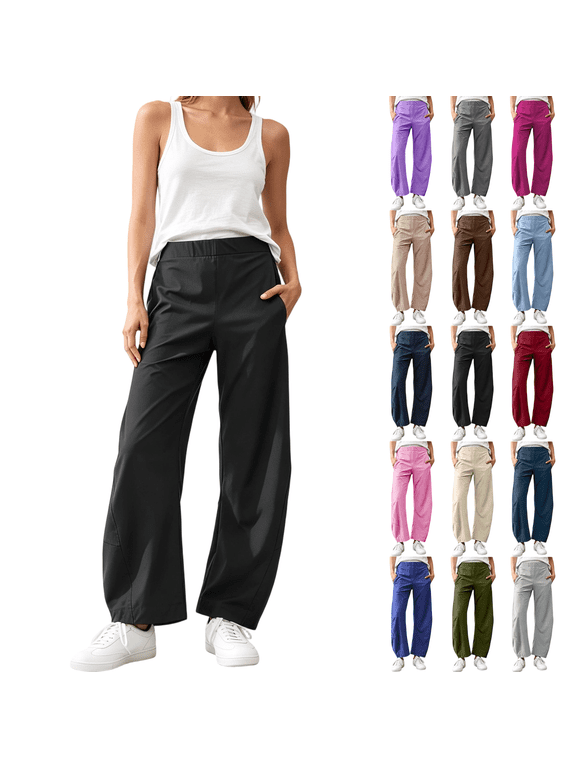 Womens Barrel Travel Pants Elastic Waist Baggy Ankle Pants with Pockets, Nylon Fabric, Relaxed Fit, Curved Tapered Leg, Casual Work Trousers | VerBelle,Light Blue M
