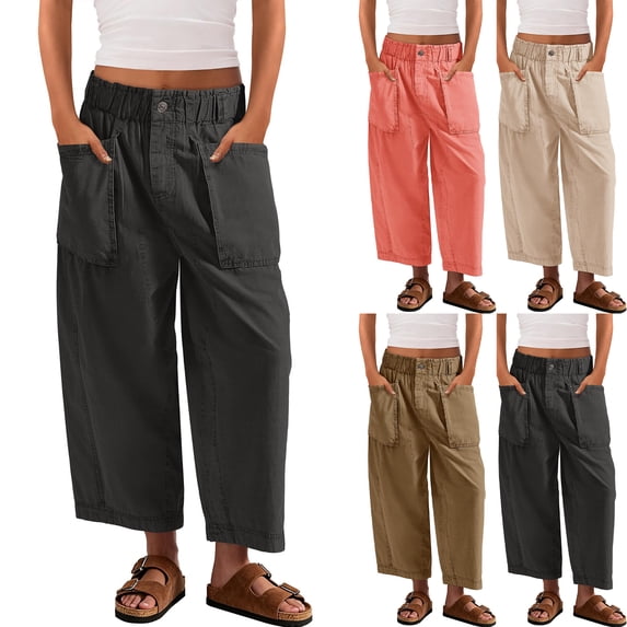 Womens Barrel Wide Leg Cropped Pants Elastic High Waist Pull On Harem Pants with Pockets Summer Baggy Pant, L