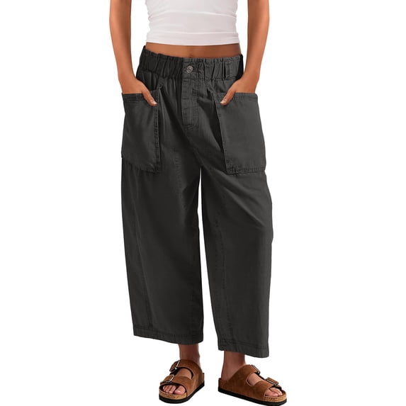 Womens Barrel Wide Leg Cropped Pants Elastic High Waist Pull On Harem Pants with Pockets Summer Baggy Pant, M