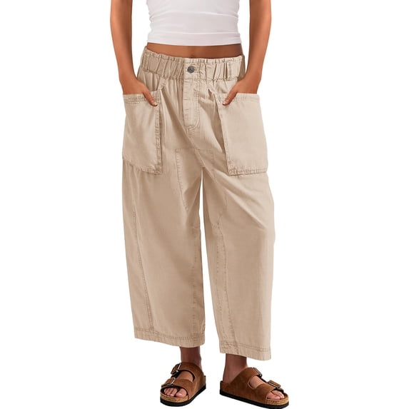 Womens Barrel Wide Leg Cropped Pants Elastic High Waist Pull On Harem Pants with Pockets Summer Baggy Pant, S