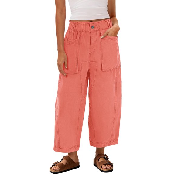 Womens Barrel Wide Leg Cropped Pants Elastic High Waist Pull On Harem Pants with Pockets Summer Baggy Pant Watermelon Red L