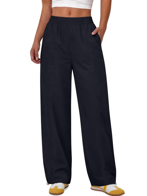 Womens Wide leg Pants Drawstring Lightweight Pants Loose Travel Casual Pants with Pockets