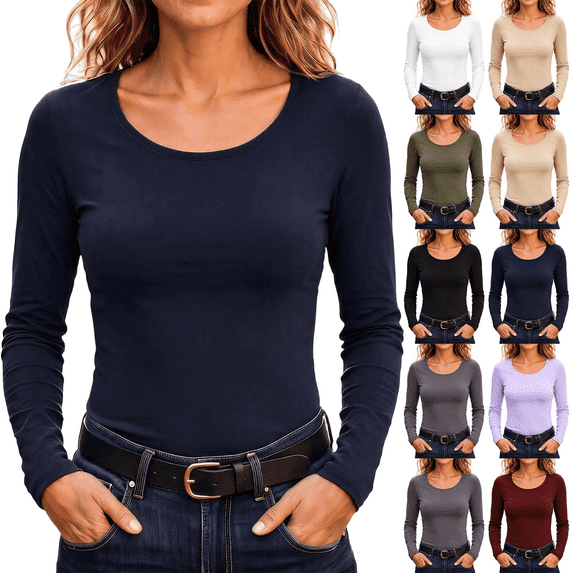 Womens Base Layer Tops Casual Stretchy Slim Fitted Crewneck Long Sleeve Breathable Comfort Tee Shirts,Sizes S-2XL