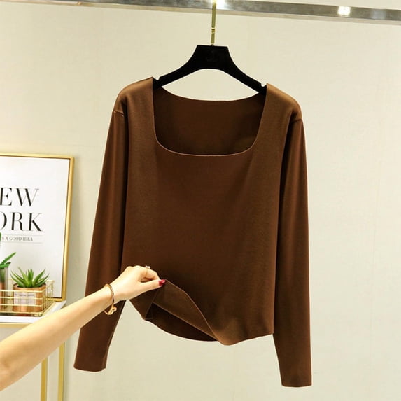 Womens Base Layers Square Neck Long Sleeve Top Soft Brushed Fitted Base Layer Tee for Daily Commuting