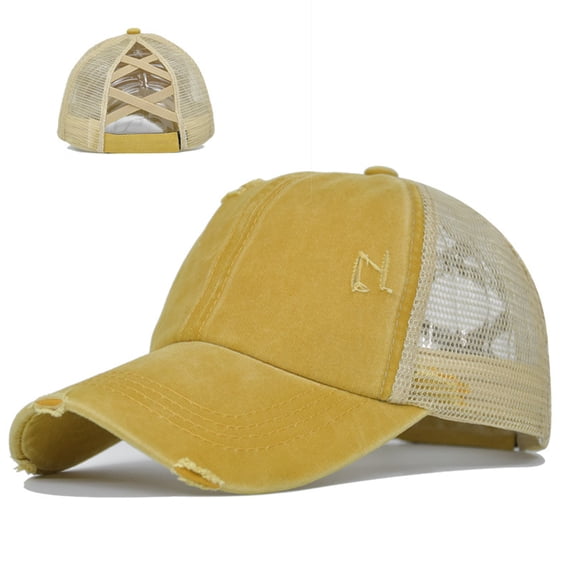 Womens Baseball Cap Distressed Ponytail Messy Bun Trucker Ponycap Hats