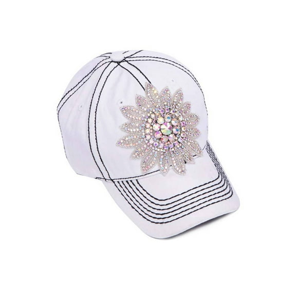 Womens Baseball Cap w/ Giant Sequined Flower - White