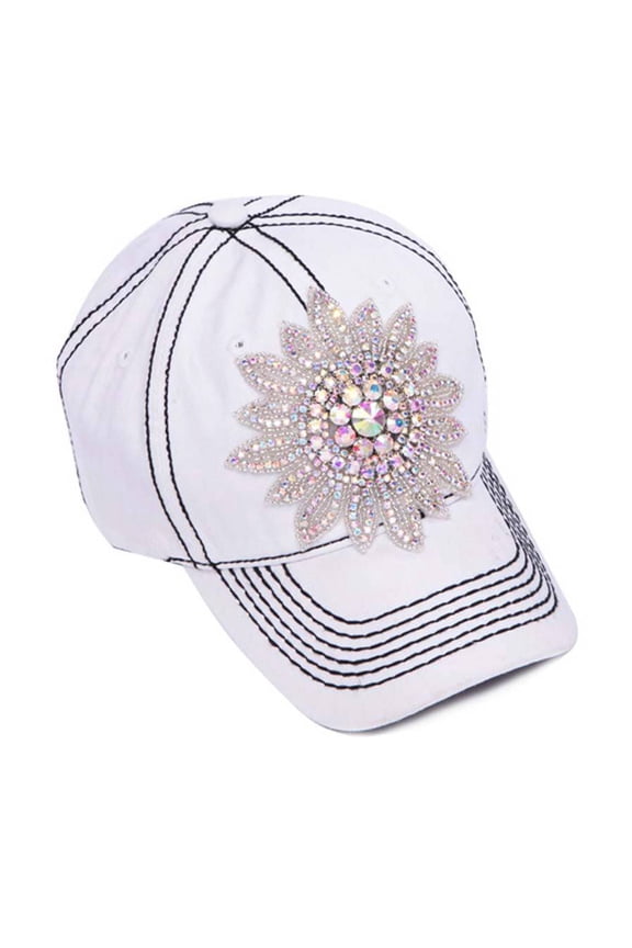 Womens Baseball Cap w/ Giant Sequined Flower - White