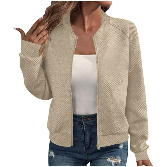 Womens Baseball Jacket Long Sleeve Zip up Sweatshirts Jackets, Full Zipper Stand Collar Casual Outwear Coat Fall Jacket for Lady Khaki M