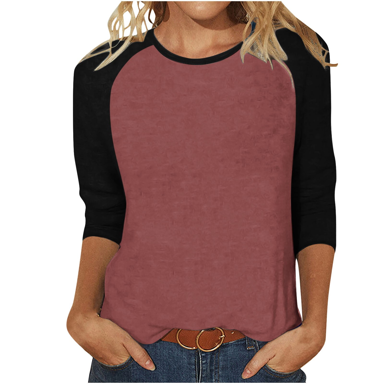 Womens Baseball Tee 3/4 Sleeve Crewneck Tops Cute Color Block Blouse