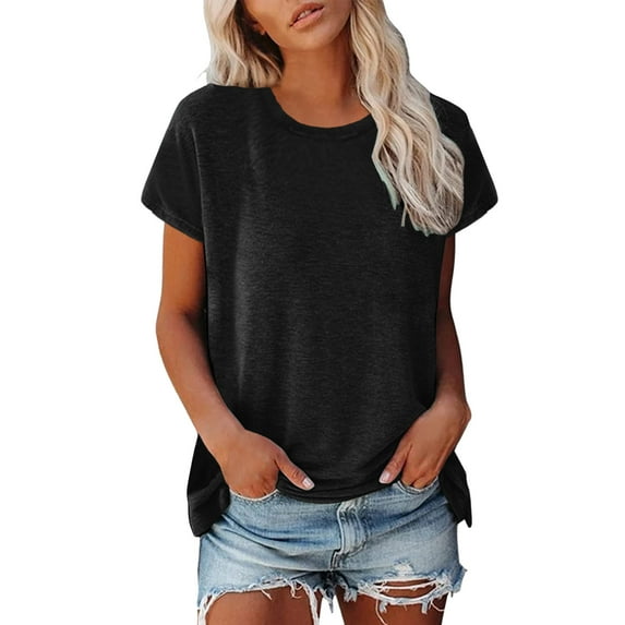 Womens Basic Blouses Crew Neck Solid Color Short Sleeve Loose Fit Tops 2025 Summer Trendy Casual T-Shirts